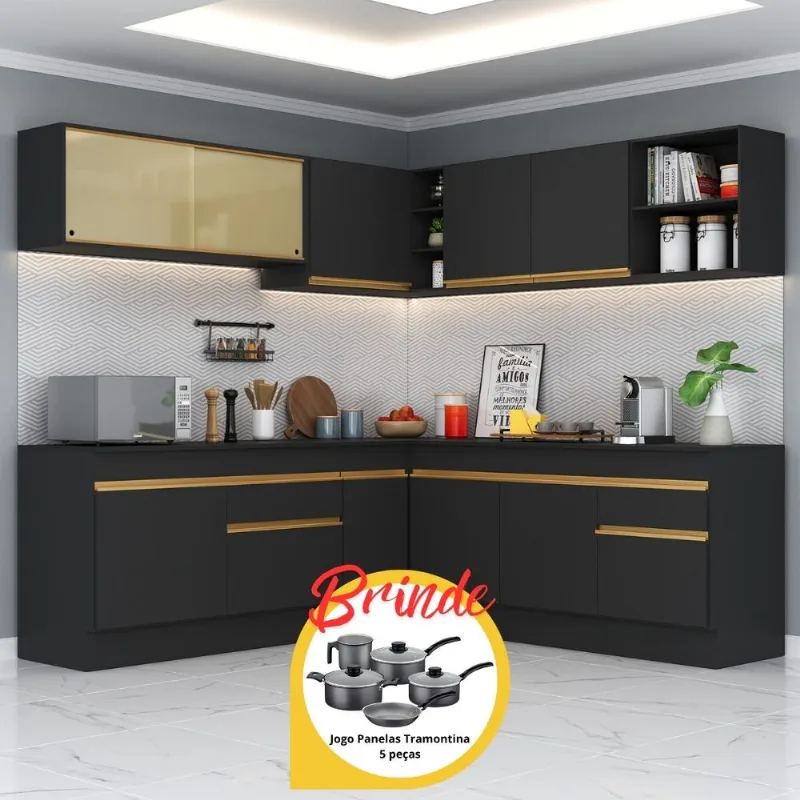 Armário Cozinha Completa Canto Veneza MP2096 Multimóveis Preto + Brinde Jogo de Panelas Tramontina