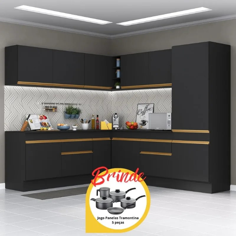 Armário Cozinha Completa Canto Veneza MP2101 Multimóveis Preto + Brinde Jogo de Panelas Tramontina