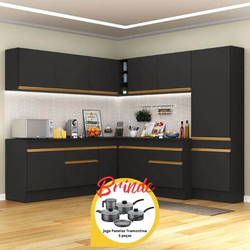 Armário Cozinha Completa Canto Veneza MP2102 Multimóveis Preto + Brinde Jogo de Panelas Tramontina - Multimóveis