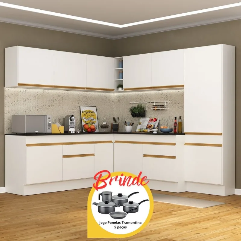 Armário Cozinha Completa Canto Veneza MP2102 Multimóveis Branco + Brinde Jogo de Panelas Tramontina