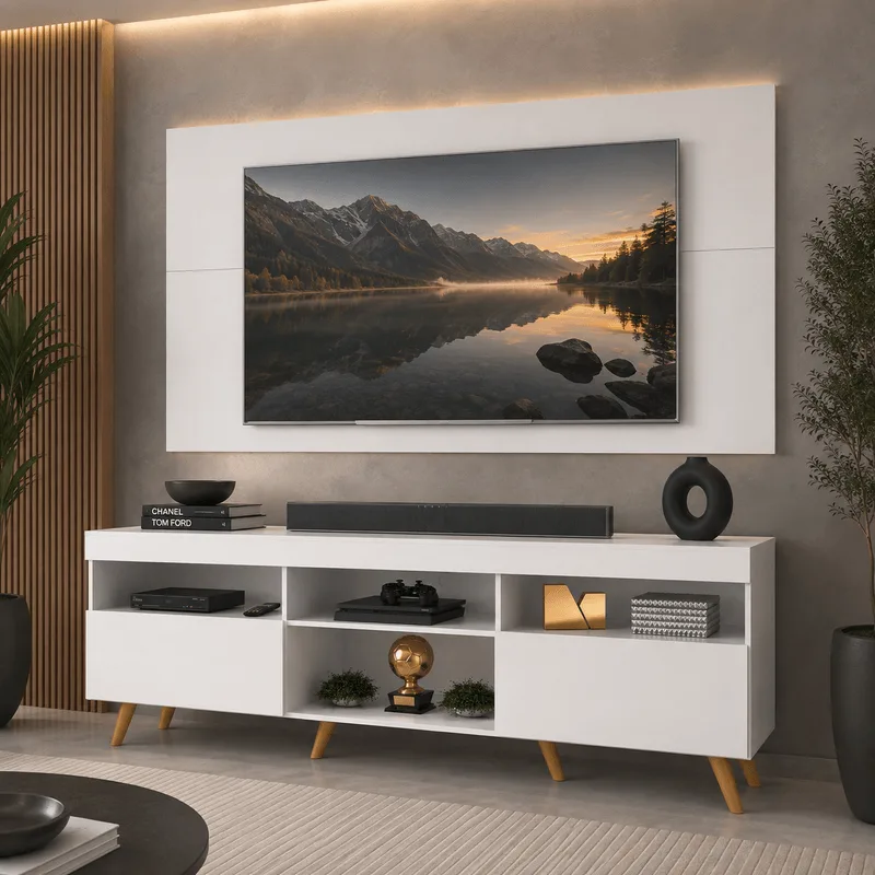 Rack c/ Painel TV 65" Retrô Holanda Multimóveis BR3133 Branco/Natural
