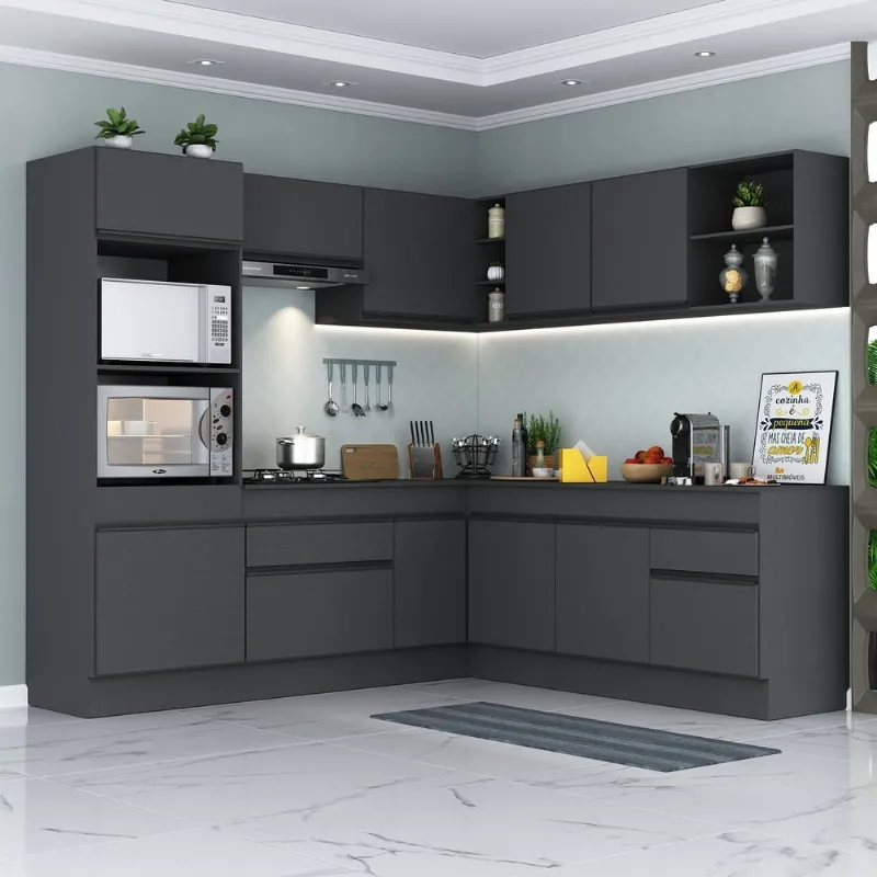 Armário de Cozinha Completa de Canto com Rodapé Veneza Multimóveis MP2080.895 Preto - Multimóveis