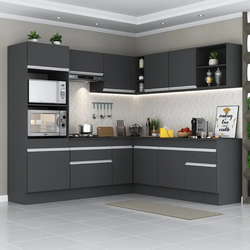 Armário de Cozinha Completa de Canto com Rodapé Veneza Multimóveis MP2080.898 Preto/Branco - Multimóveis