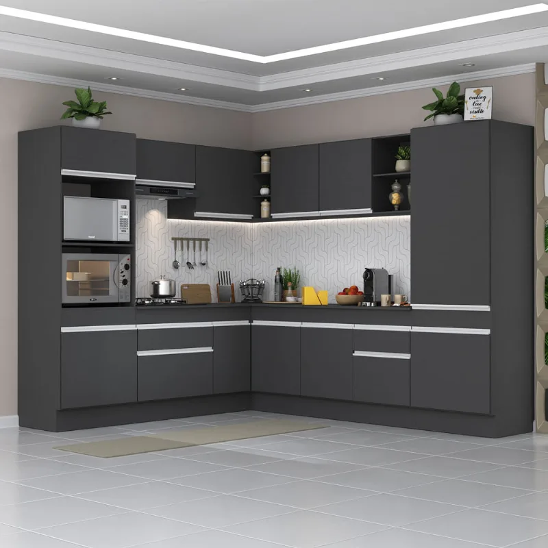 Armário de Cozinha Completa de Canto com Rodapé Veneza Multimóveis MP2081.898 Preto/Branco - Multimóveis