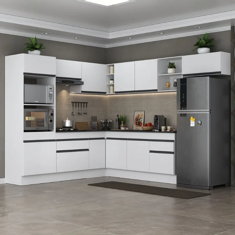 Armário de Cozinha Completa de Canto com Rodapé Veneza Multimóveis MP2083.964 Branco/Preto