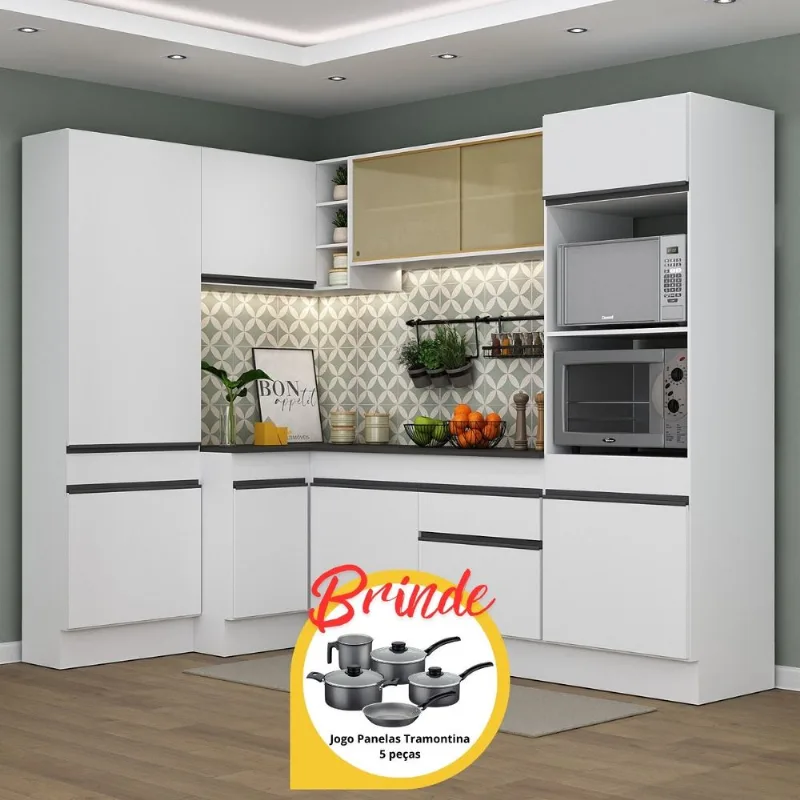 Cozinha Completa de Canto Veneza MP2085 Multimóveis Branco/Preto + Brinde Jogo de Panelas Tramontina