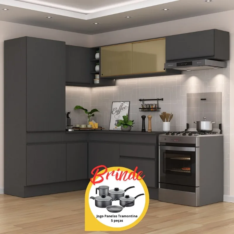 Armário Cozinha Completa Canto Veneza MP2086 Multimóveis Preto+ Brinde Jogo de Panelas Tramontina
