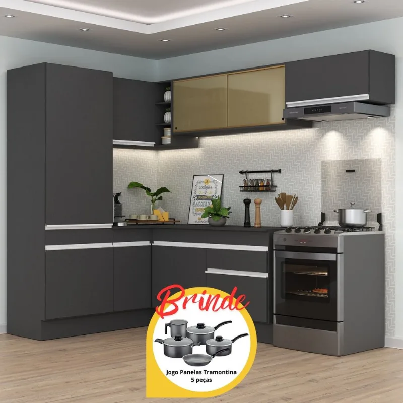 Cozinha Completa de Canto Veneza MP2086 Multimóveis Preto/Branco + Brinde Jogo de Panelas Tramontina