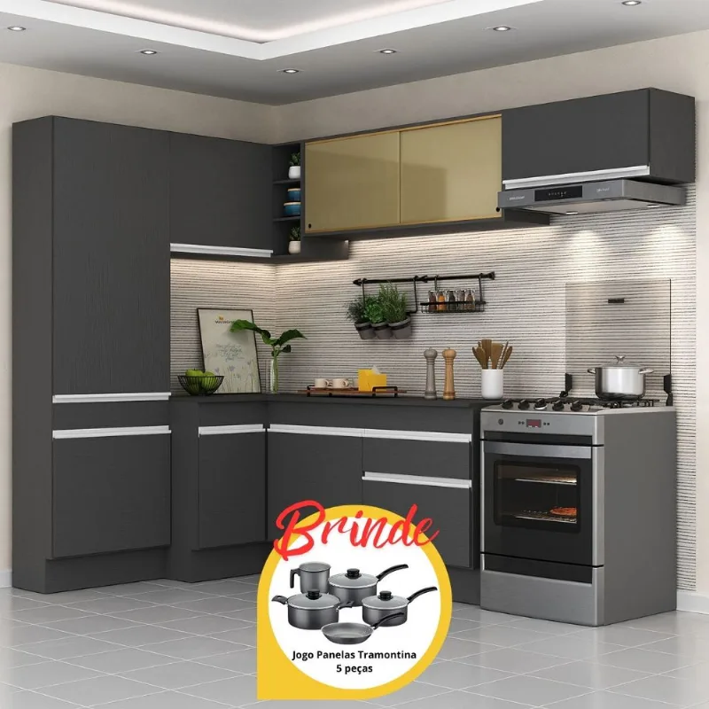 Cozinha Completa de Canto Veneza MP2087 Multimóveis Preto/Branco + Brinde Jogo de Panelas Tramontina - Multimóveis