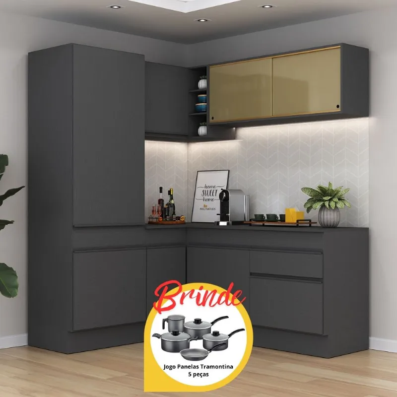 Armário Cozinha Completa Canto Veneza MP2088 Multimóveis Preto + Brinde Jogo de Panelas Tramontina