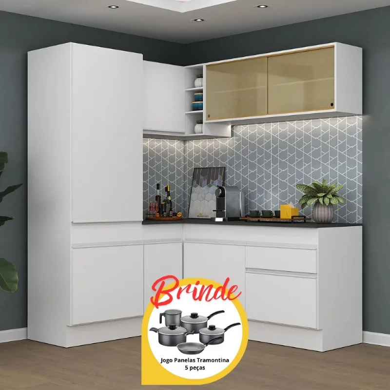 Armário Cozinha Completa Canto Veneza MP2088 Multimóveis Branco + Brinde Jogo de Panelas Tramontina