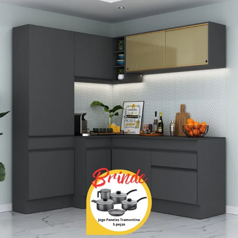 Armário Cozinha Completa Canto Veneza MP2089 Multimóveis Preto + Brinde Jogo de Panelas Tramontina - Multimóveis