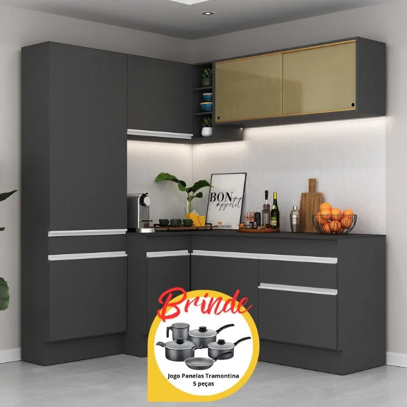Cozinha Completa de Canto Veneza MP2089 Multimóveis Preto/Branco + Brinde Jogo de Panelas Tramontina