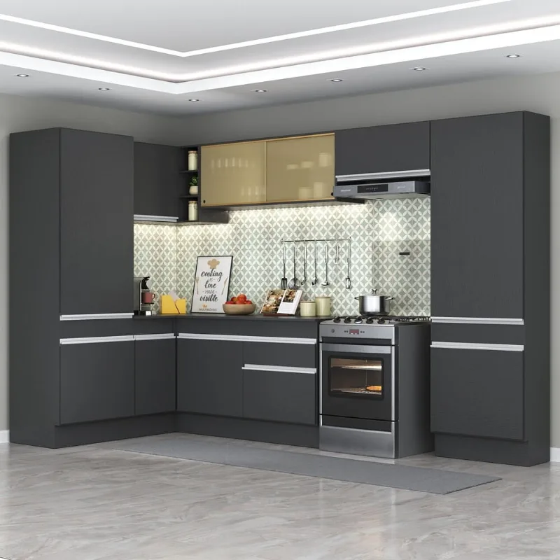 Armário de Cozinha Completa de Canto com Rodapé Veneza Multimóveis MP2090.898 Preto/Branco