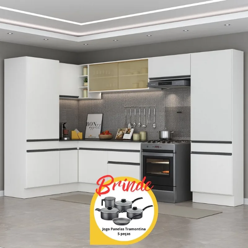 Cozinha Completa de Canto Veneza MP2090 Multimóveis Branco/Preto + Brinde Jogo de Panelas Tramontina