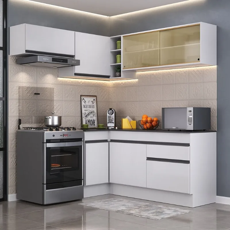 Armário de Cozinha Completa de Canto com Rodapé Veneza Multimóveis MP2094.964 Branco/Preto