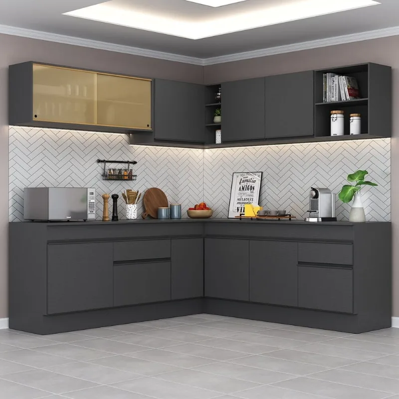 Armário de Cozinha Completa de Canto com Rodapé Veneza Multimóveis MP2096.895 Preto