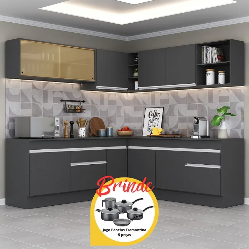 Cozinha Completa Canto Veneza MP2096 Multimóveis Preto/Branco + Brinde Jogo de Panelas Tramontina - Multimóveis
