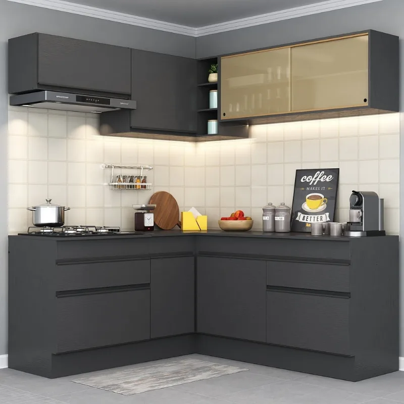 Armário de Cozinha Completa de Canto com Rodapé Veneza Multimóveis MP2097.895 Preto - Multimóveis
