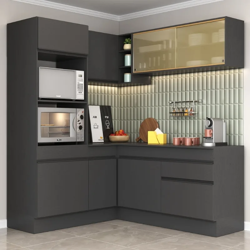 Armário de Cozinha Completa de Canto com Rodapé Veneza Multimóveis MP2098.895 Preto - Multimóveis