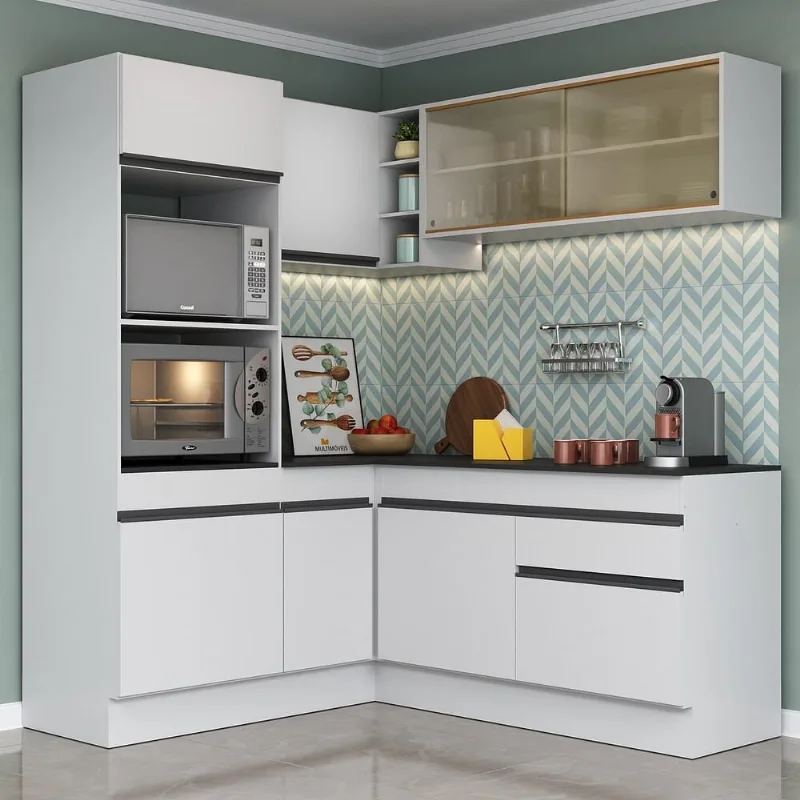 Armário de Cozinha Completa de Canto com Rodapé Veneza Multimóveis MP2098.964 Branco/Preto - Multimóveis