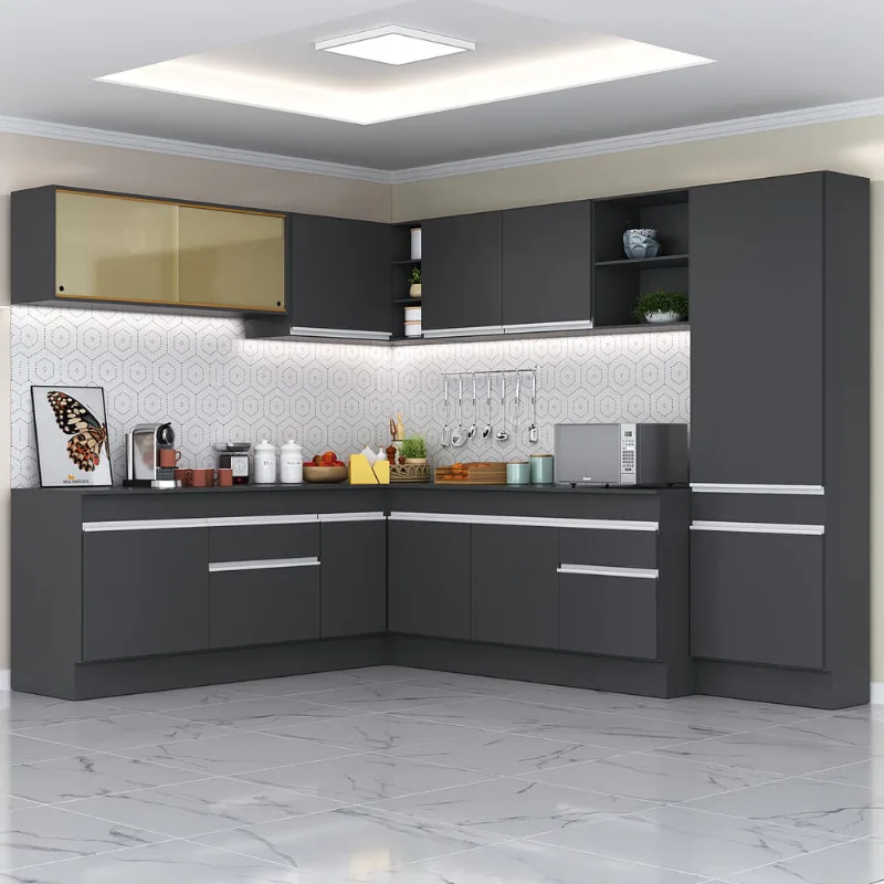 Armário de Cozinha Completa de Canto com Rodapé Veneza Multimóveis MP2100.898 Preto/Branco