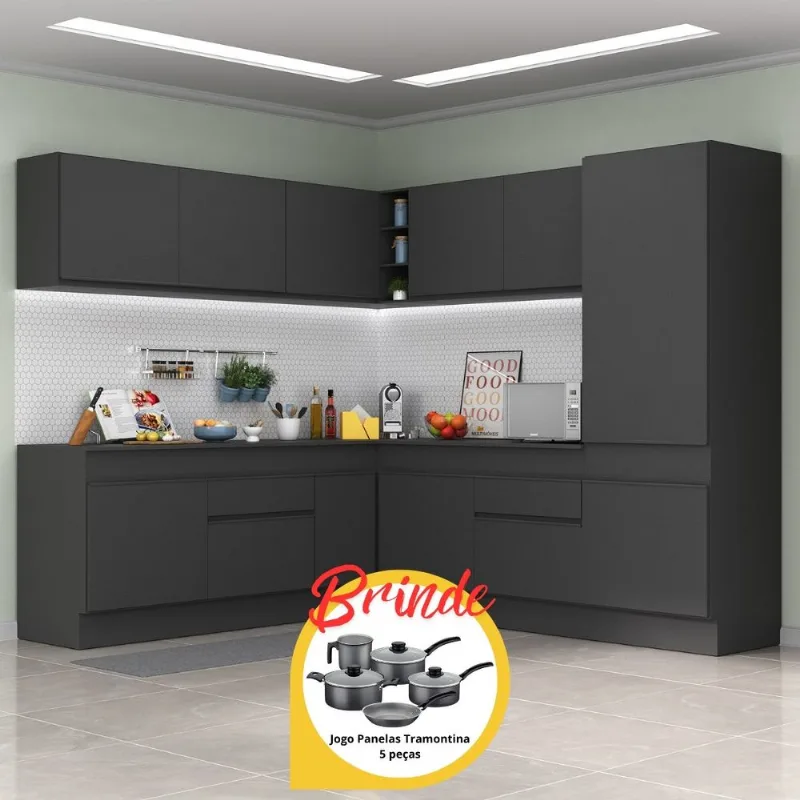 Armário Cozinha Completa Canto Veneza MP2101 Multimóveis Preto + Brinde Jogo de Panelas Tramontina