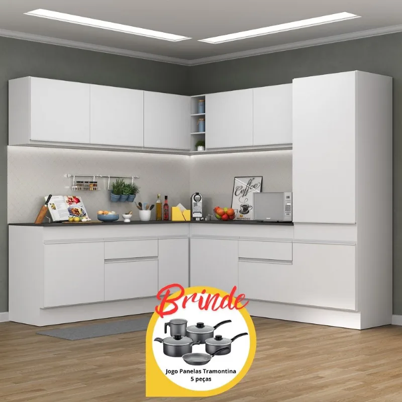 Armário Cozinha Completa Canto Veneza MP2101 Multimóveis Branco + Brinde Jogo de Panelas Tramontina