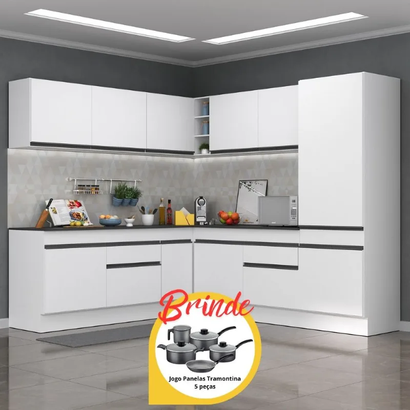 Cozinha Completa de Canto Veneza MP2101 Multimóveis Branco/Preto + Brinde Jogo de Panelas Tramontina