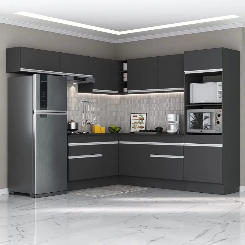 Armário de Cozinha Completa de Canto com Rodapé Veneza Multimóveis MP2105.898 Preto/Branco