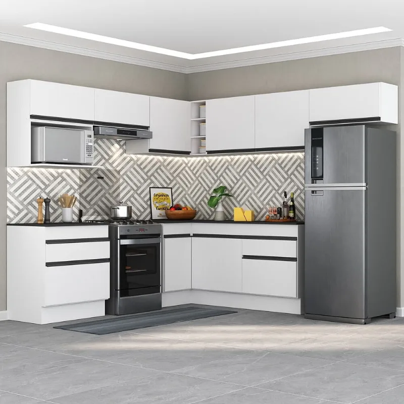 Armário de Cozinha Completa de Canto com Rodapé Veneza Multimóveis MP2106.964 Branco/Preto - Multimóveis