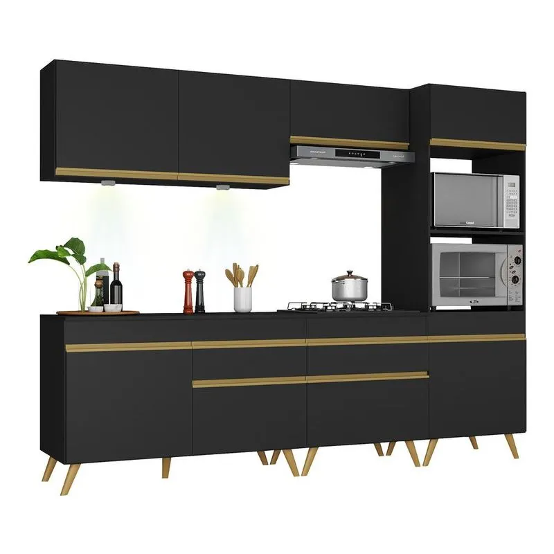 Armário de Cozinha Completa 252cm com Leds Veneza Up Multimóveis V2035 Preto/Dourado