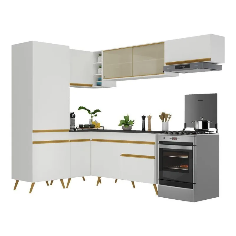 Armário De Cozinha Completa De Canto V2051 Branco Dourado