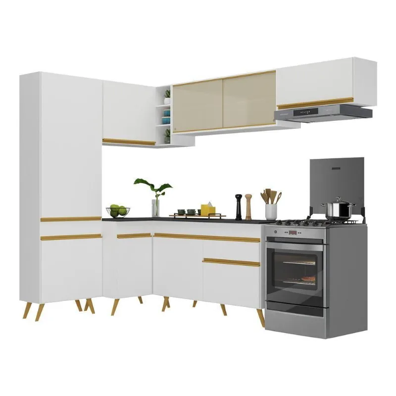 Armário De Cozinha Completa De Canto V2052 Branco Dourado