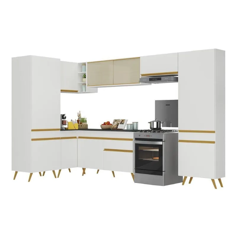 Armário De Cozinha Completa De Canto V2055 Branco Dourado
