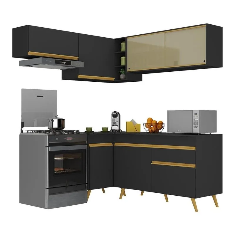 Armário de Cozinha Completa de Canto Veneza Multimóveis V2059 Preto/Dourado