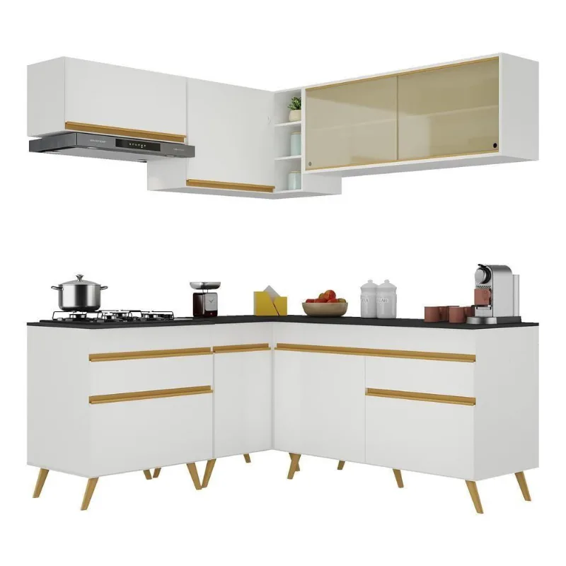 Armário De Cozinha Completa De Canto V262 Branco Dourado