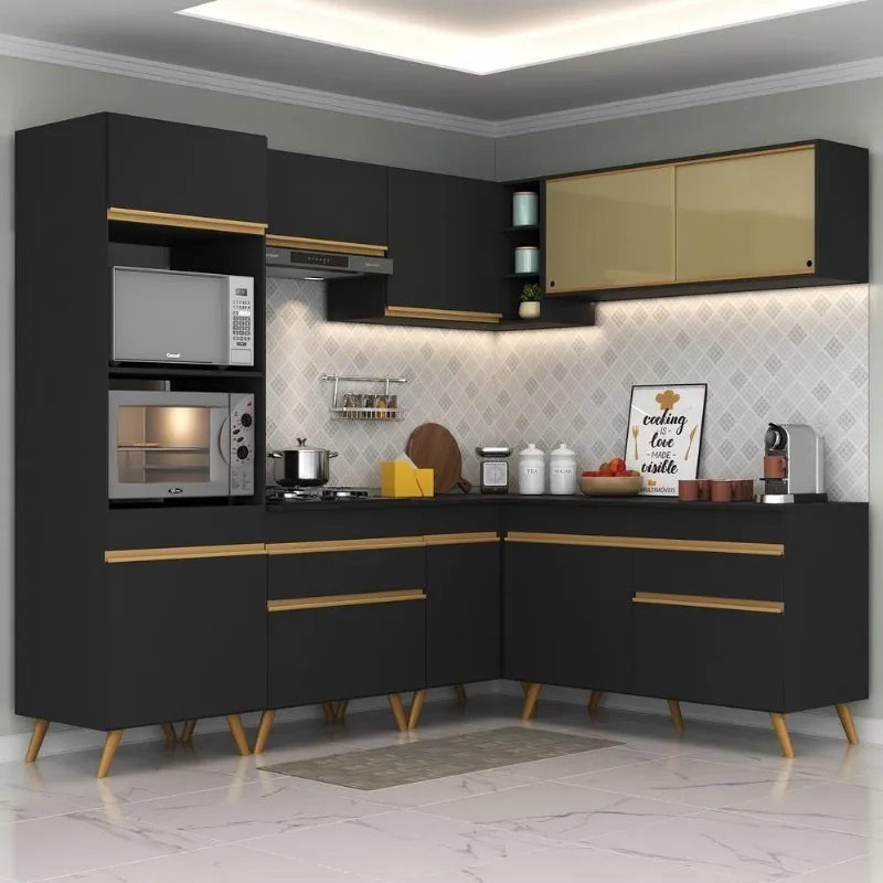 Cozinha Completa De Canto Preto/dourado