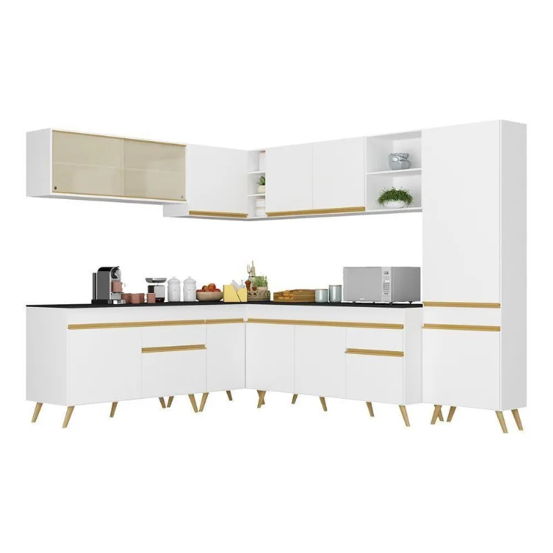 Armário De Cozinha Completa De Canto V265 Branco Dourado