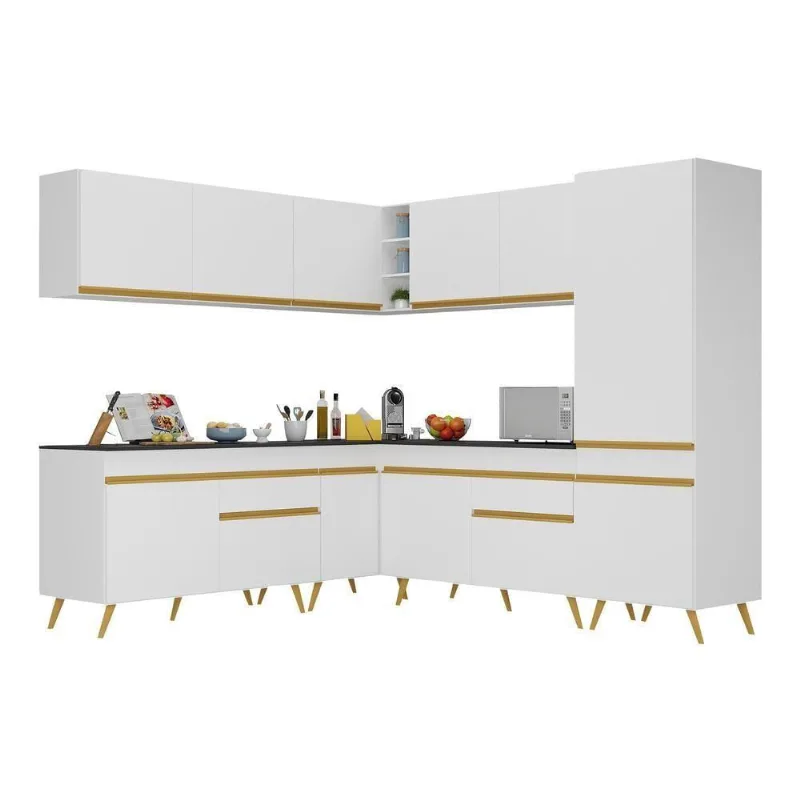 Armário De Cozinha Completa De Canto V266 Branco Dourado