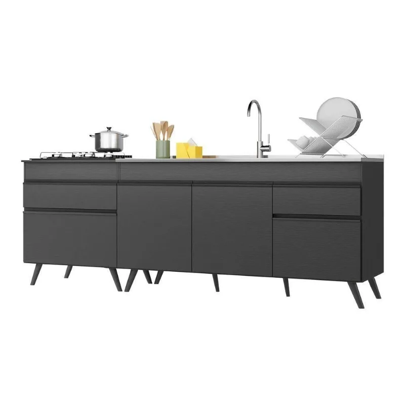 Kit Com 2 Balcões De Cozinha 150cm E 70cm Veneza Multimóveis V2073 Preto Preto