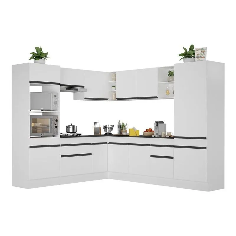 Armário de Cozinha Completa de Canto com Rodapé Veneza Multimóveis V2081 Branco-preto