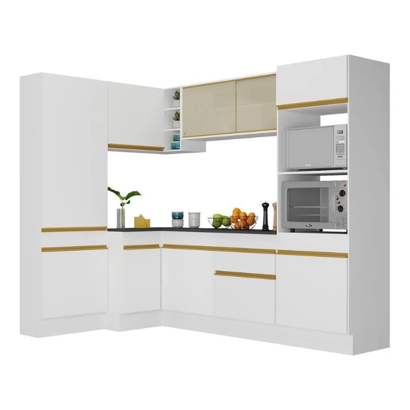 Armário De Cozinha Completa De Canto V2085 Branco Dourado