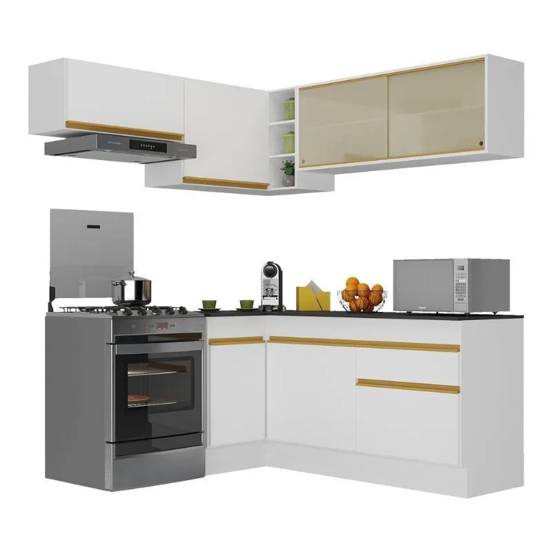 Armário De Cozinha Completa De Canto V2094 Branco Dourado