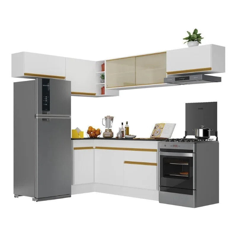 Armário De Cozinha Completa De Canto V2095 Branco Dourado