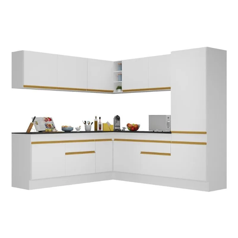 Armário De Cozinha Completa De Canto V2101 Branco Dourado