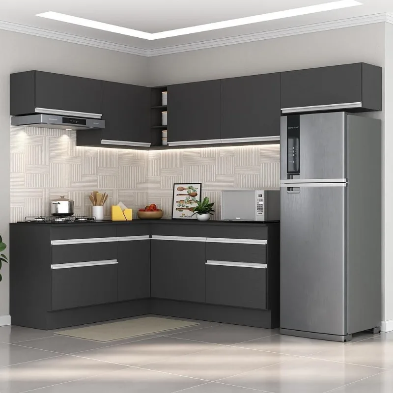 Cozinha Completa De Canto c/ Rodapé Preto/branco