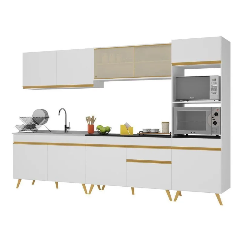 Armário De Cozinha Completa 302cm V3750 Branco Dourado