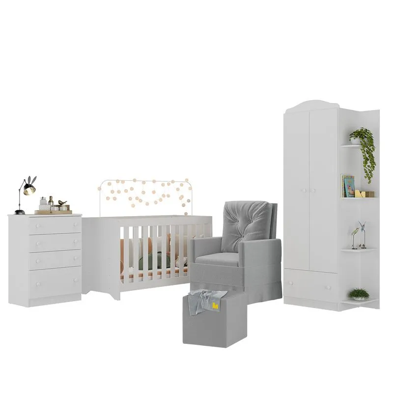 Quarto Infantil Completo com Poltrona de Amamentação e Puff Multimóveis MP4080 Branco/Cinza