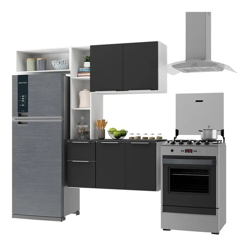 Armário de Cozinha Compacta com Balcão Sofia Multimóveis V2006 Branco-preto